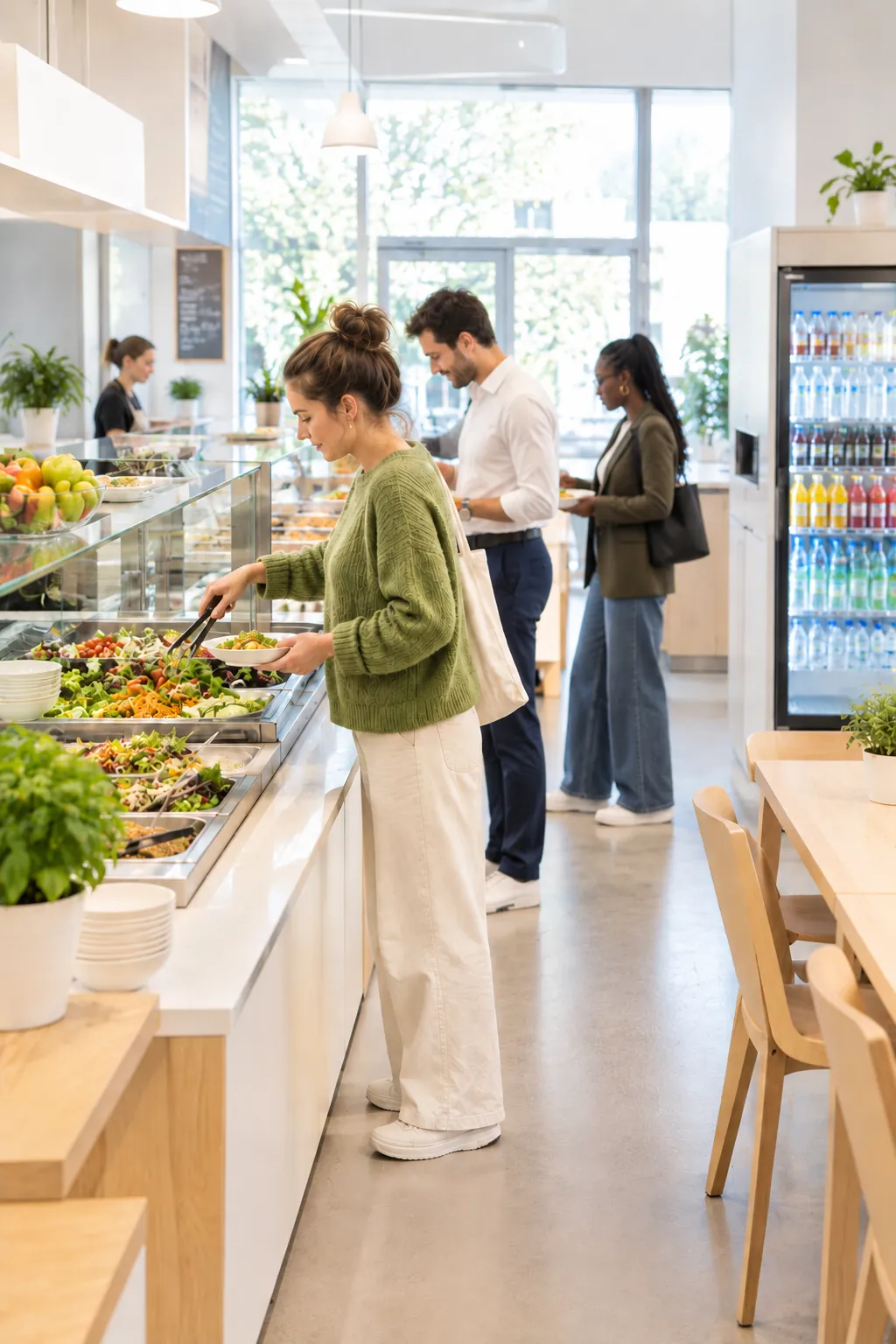 Beschäftigte stellen sich in einer hellen Kantine einen Salat am Buffet zusammen