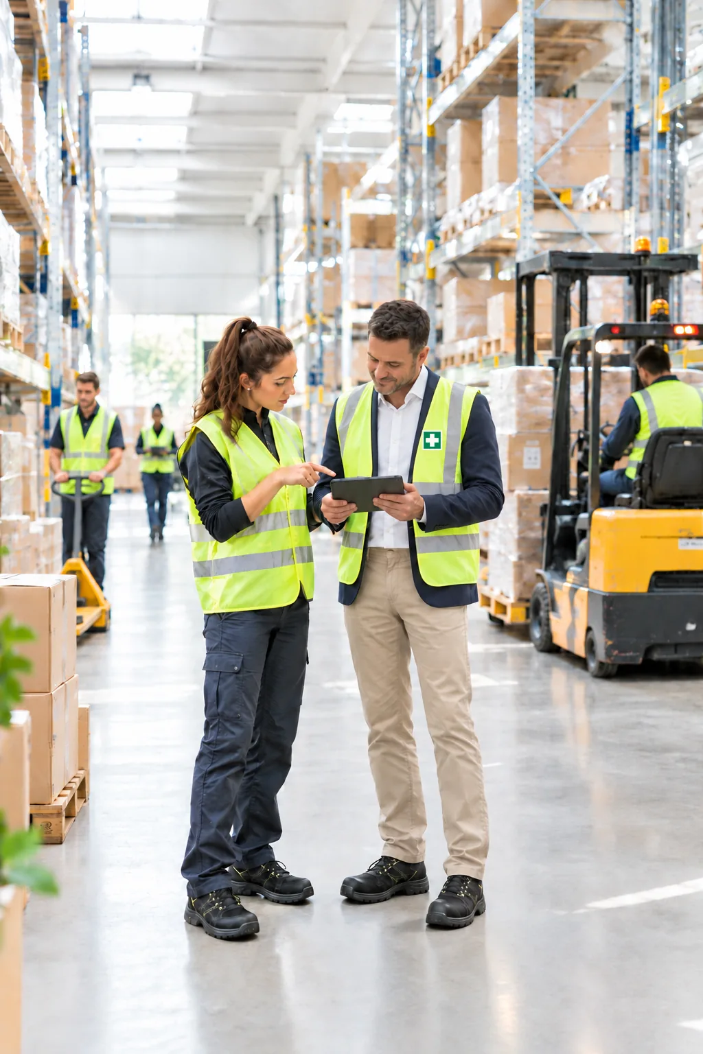Betriebsarzt und Mitarbeiterin in Warnwesten besprechen im Logistiklager Daten auf einem Tablet