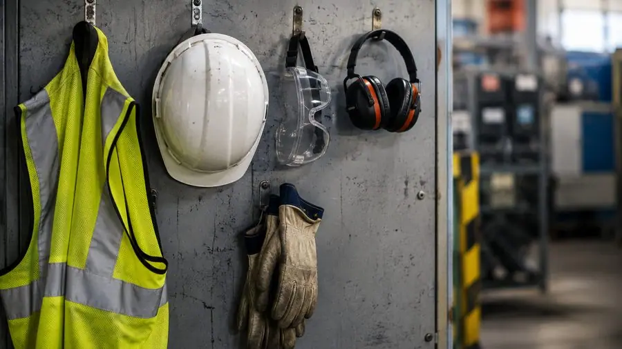 Persönliche Schutzausrüstung an einer Werkstattwand