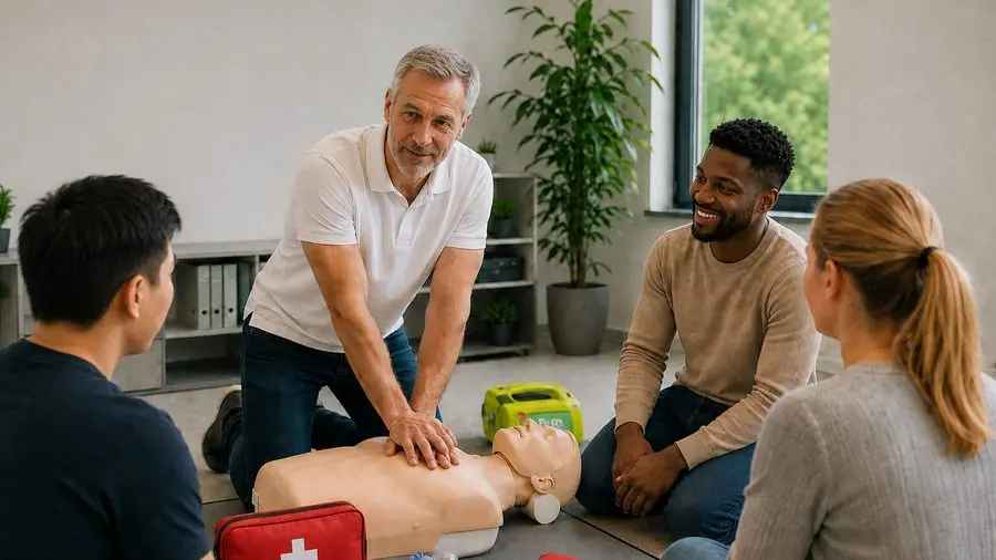 Erste-Hilfe-Schulung mit Übungspuppe und Defibrillator
