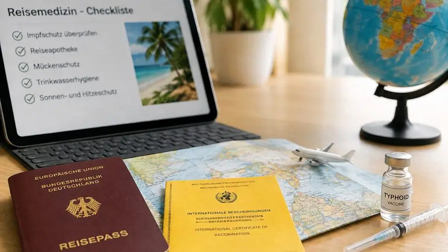 Reisemedizinische Beratung: Impfausweis, Weltkarte und Impfstoff