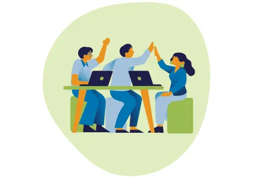 Illustration: Team am Arbeitsplatz, Sinnbild für positiv formulierte Fragen