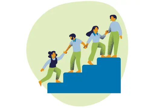 Illustration: Personen steigen eine Treppe hinauf, Sinnbild für schrittweise Maßnahmen